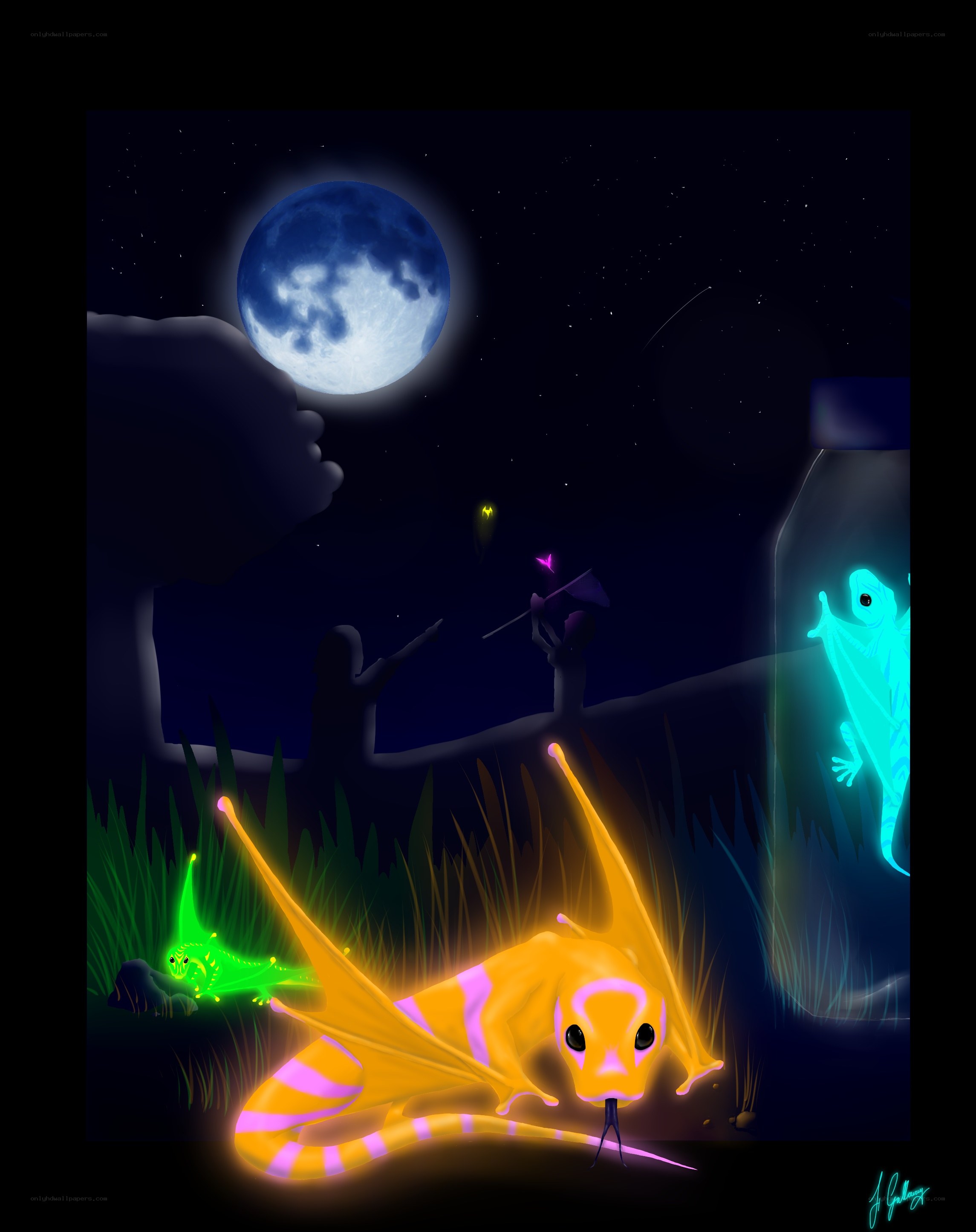 Glowing creatures under moonlight