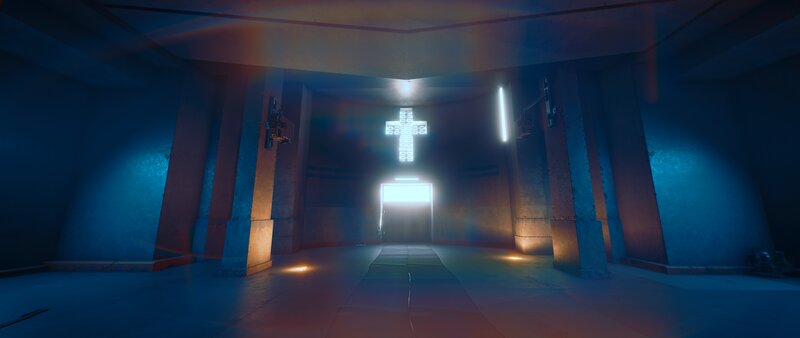 Glowing Cross in Corridor