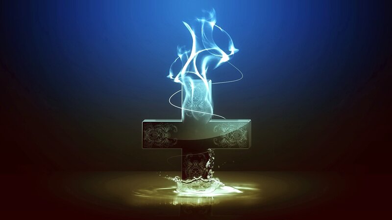 glowing cross with flames and water