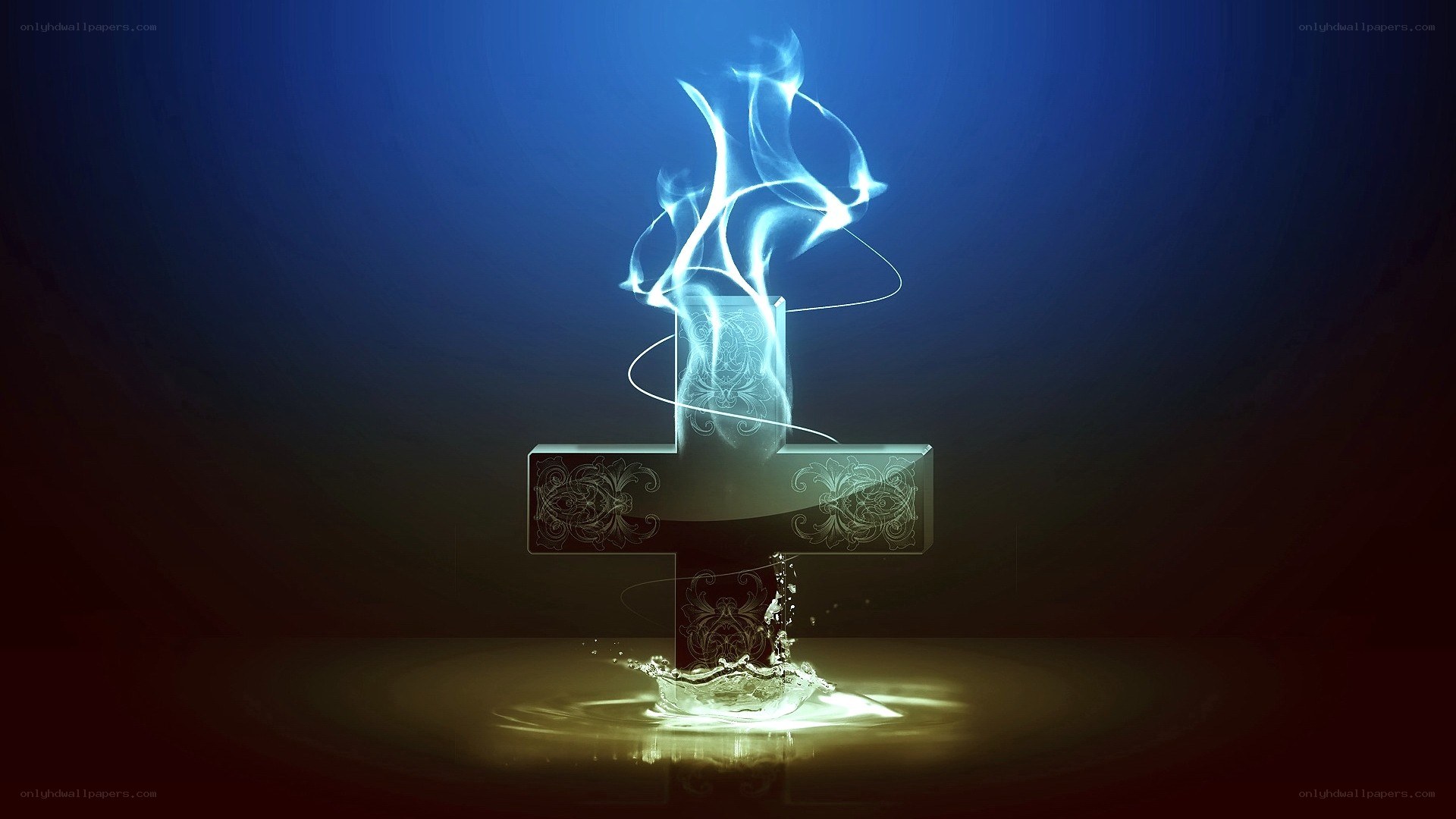 glowing cross with flames and water