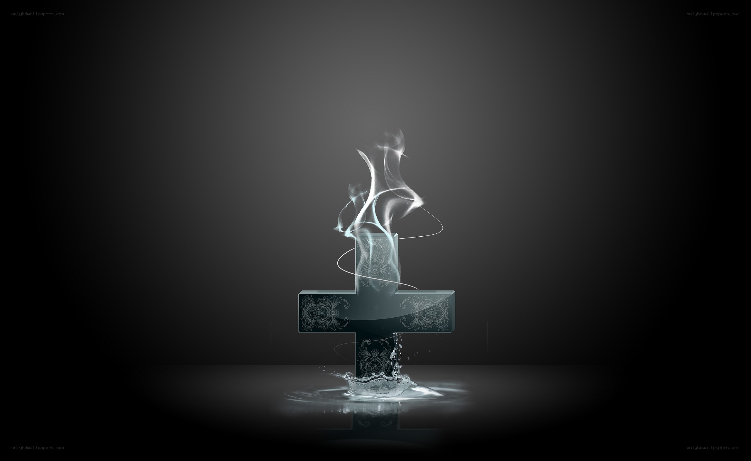 glowing cross with smoke and water