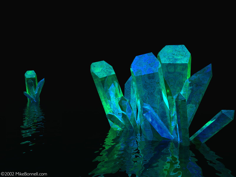Glowing crystals in water