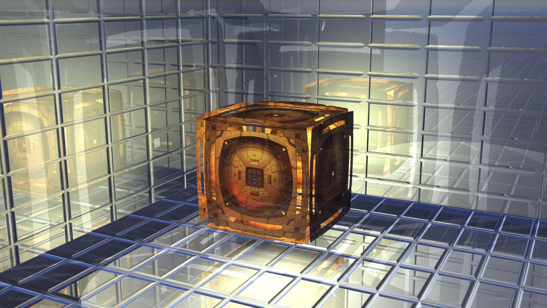 glowing cube in glass room