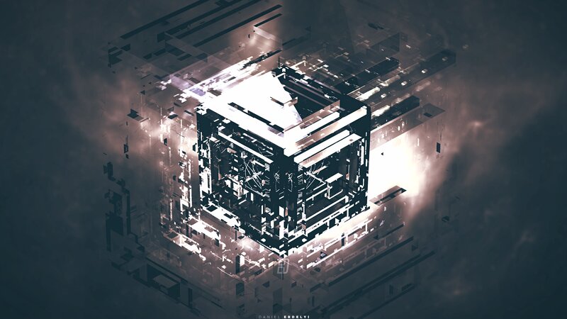 Glowing Cube Structure — Black, Dramatic, Digital Art