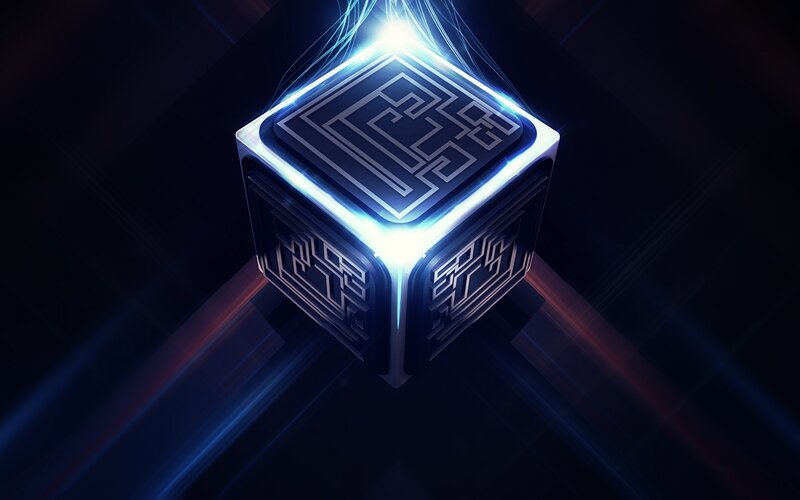 Glowing Cube with Circuit Patterns — Blue