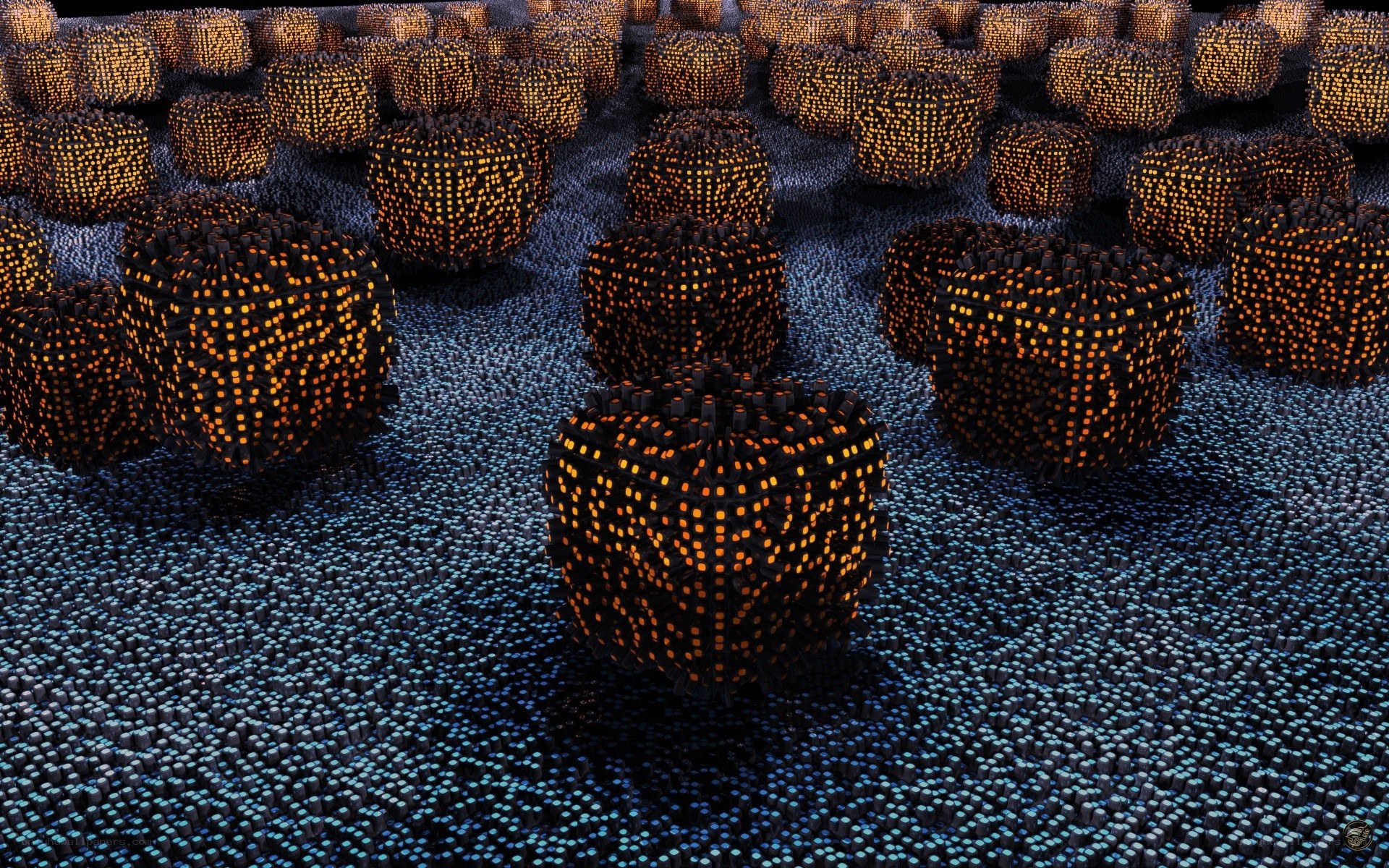 glowing cubes on blue surface