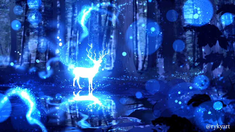Glowing Deer in Forest — Blue, Serene