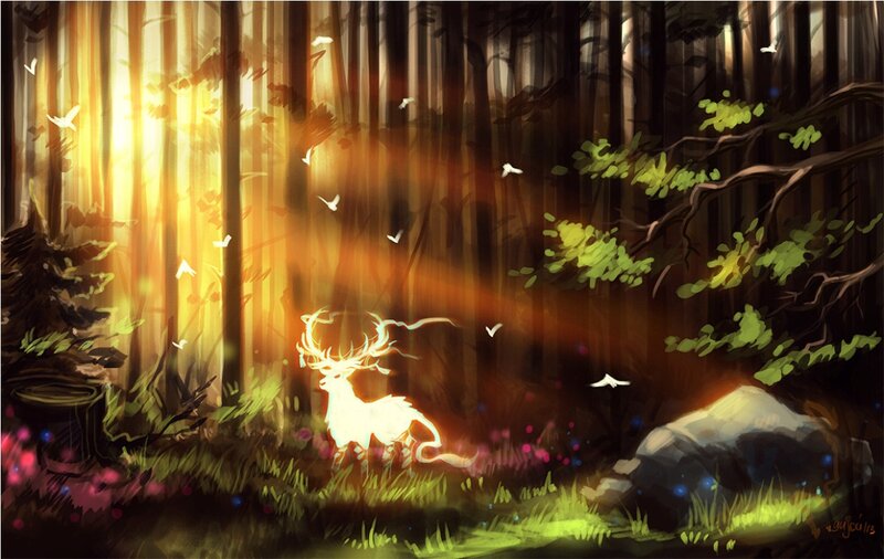 Glowing Deer in Forest — Green, Serene