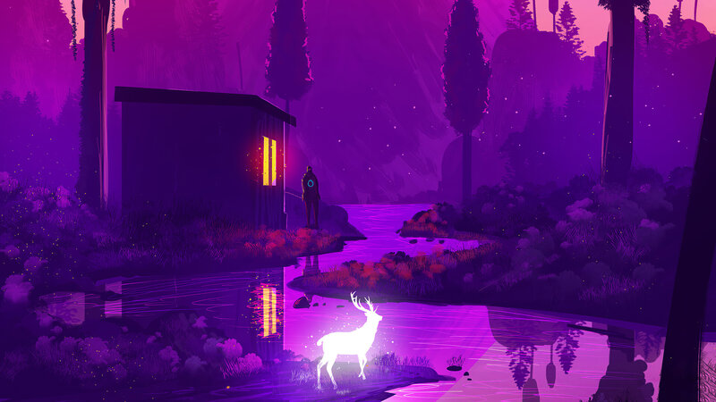 Glowing Deer in Forest — Purple, Serene
