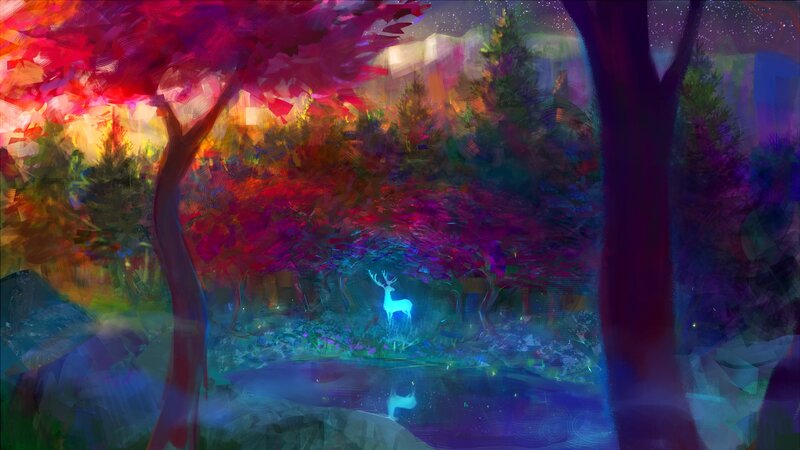 Glowing Deer in Forest — Purple