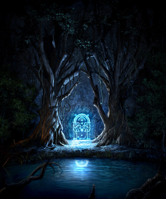 glowing door in dark forest