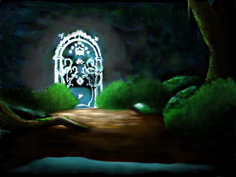 Glowing Door in Forest — Green