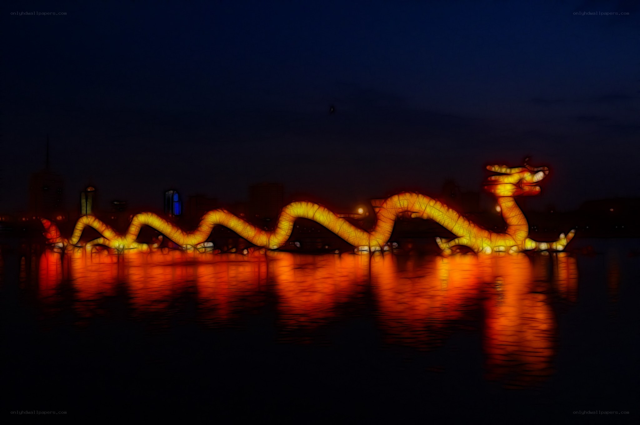 Glowing dragon lantern on water