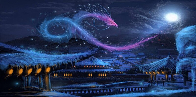 Glowing Dragon over Village