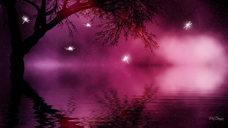 Glowing Dragonflies over Water