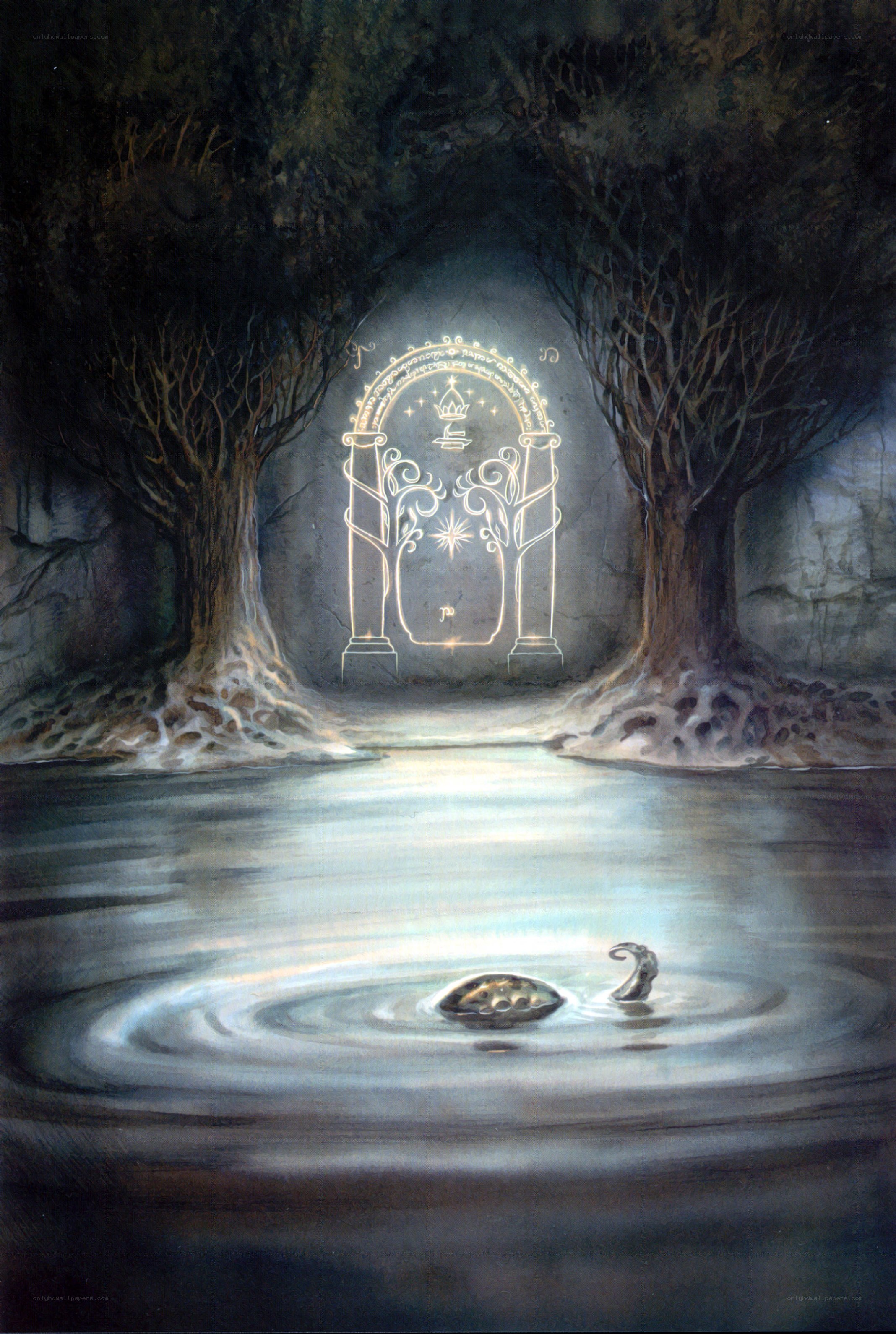 glowing elven gate in a forest