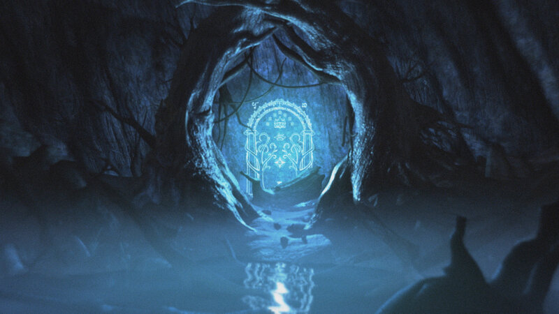 glowing elven gate in cave