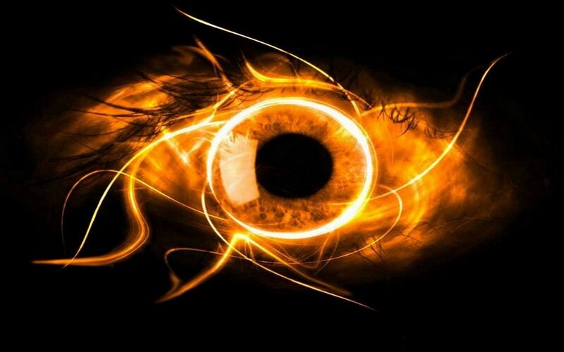 Glowing Eye with Light Trails — Black, Dramatic, Digital Art, Light Trails
