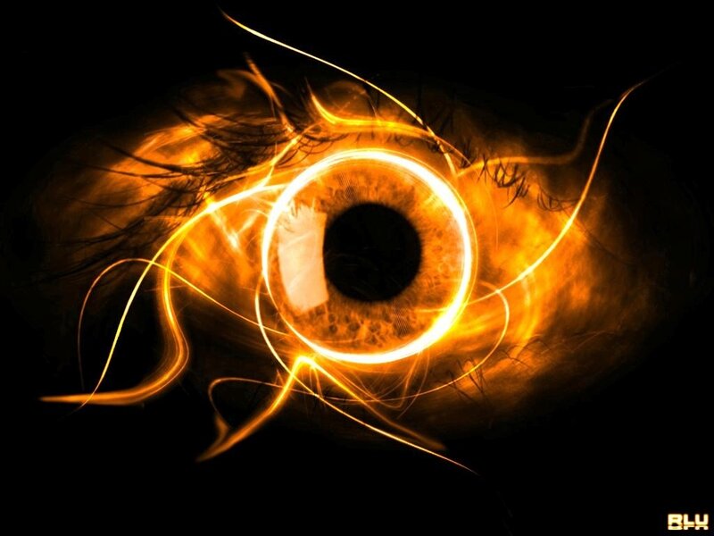 Glowing Eye with Light Trails — Black, Dramatic, Digital Art