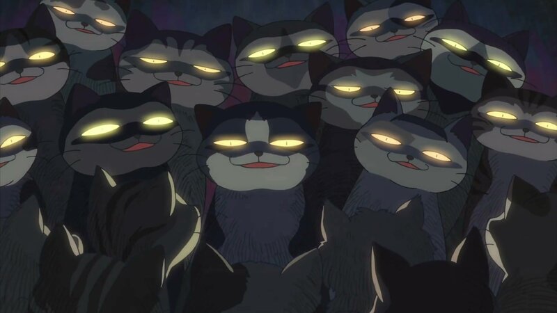 glowing-eyed cats in crowd