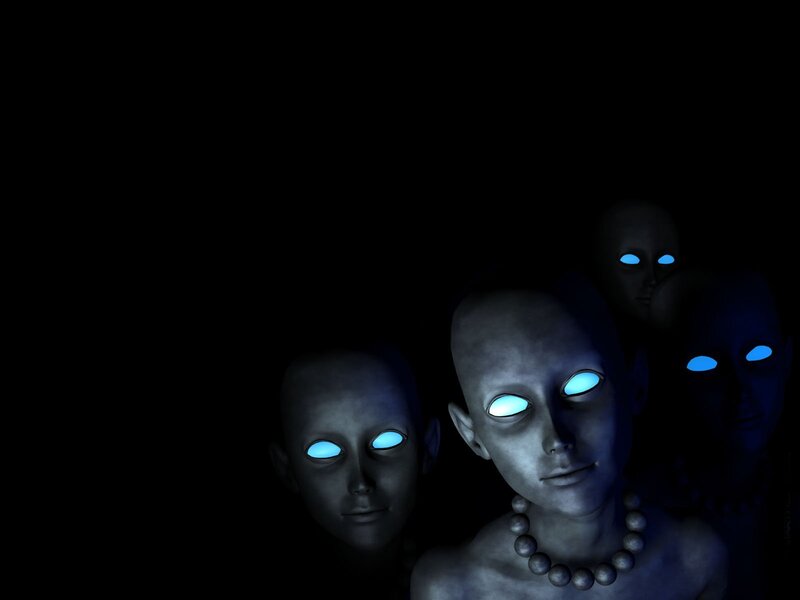 glowing-eyed figures in darkness