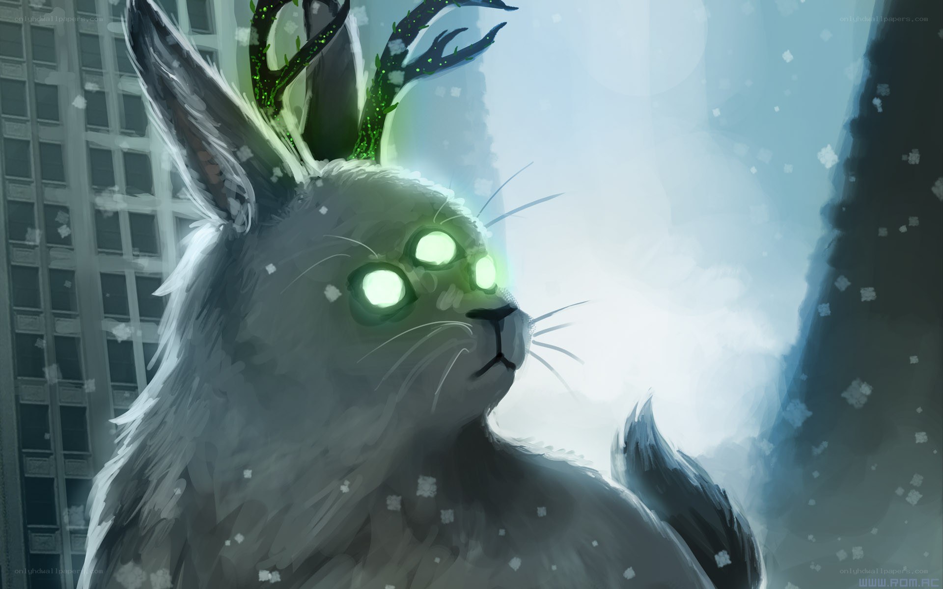 glowing-eyed rabbit with antlers