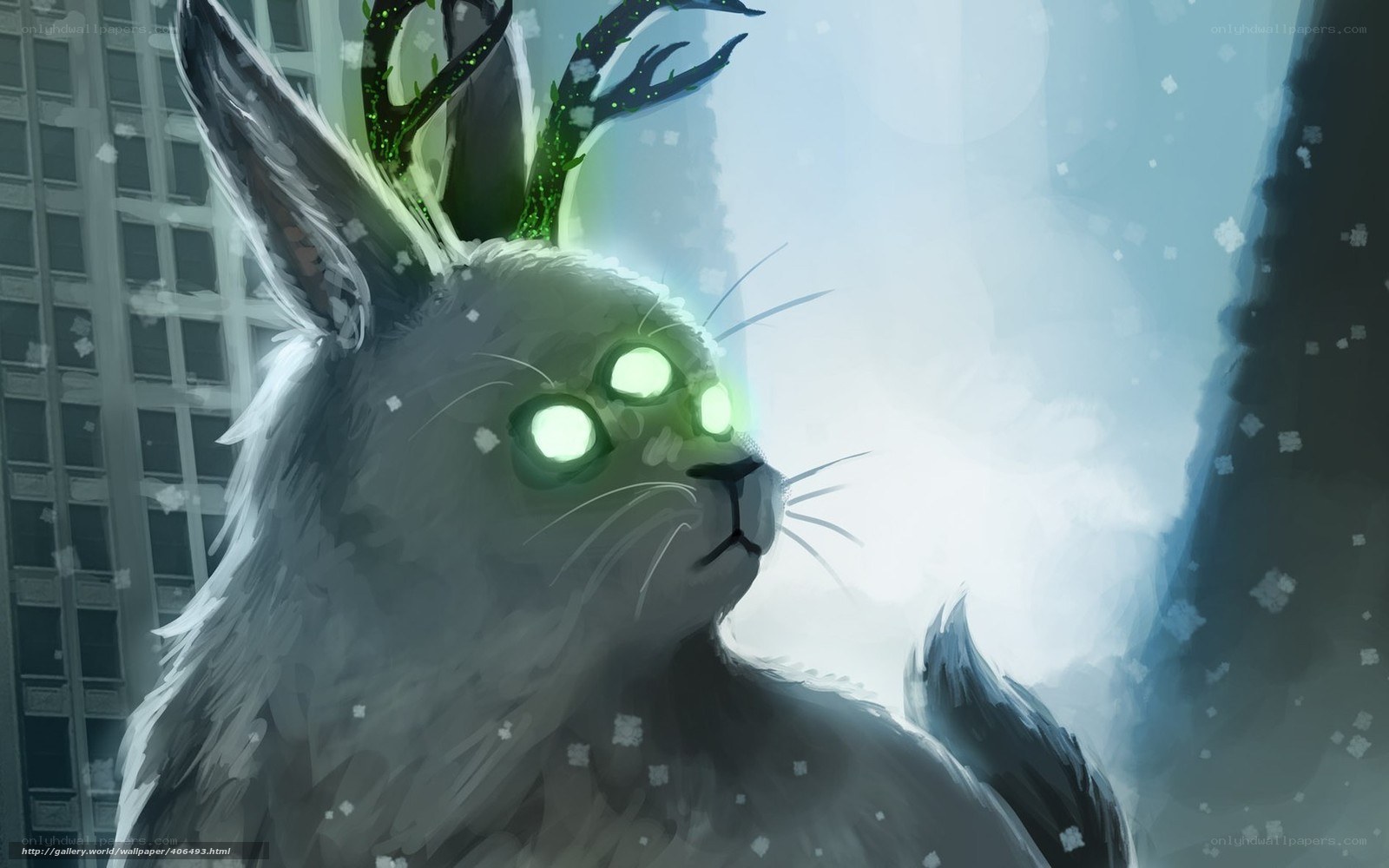 glowing-eyed rabbit with antlers