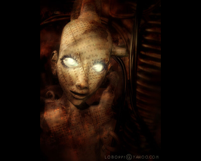 glowing-eyed statue in dark setting
