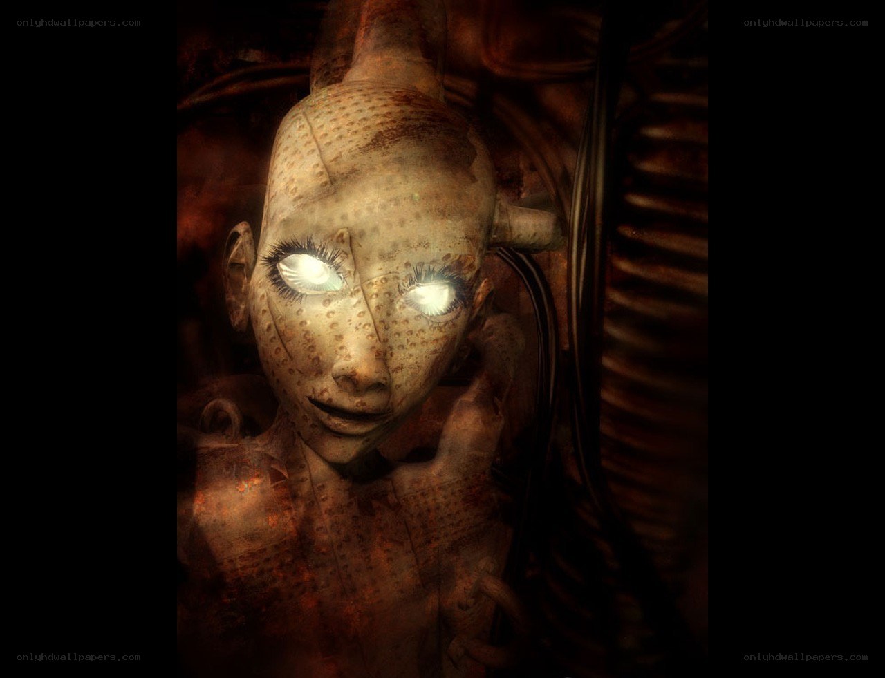 glowing-eyed statue in dark setting