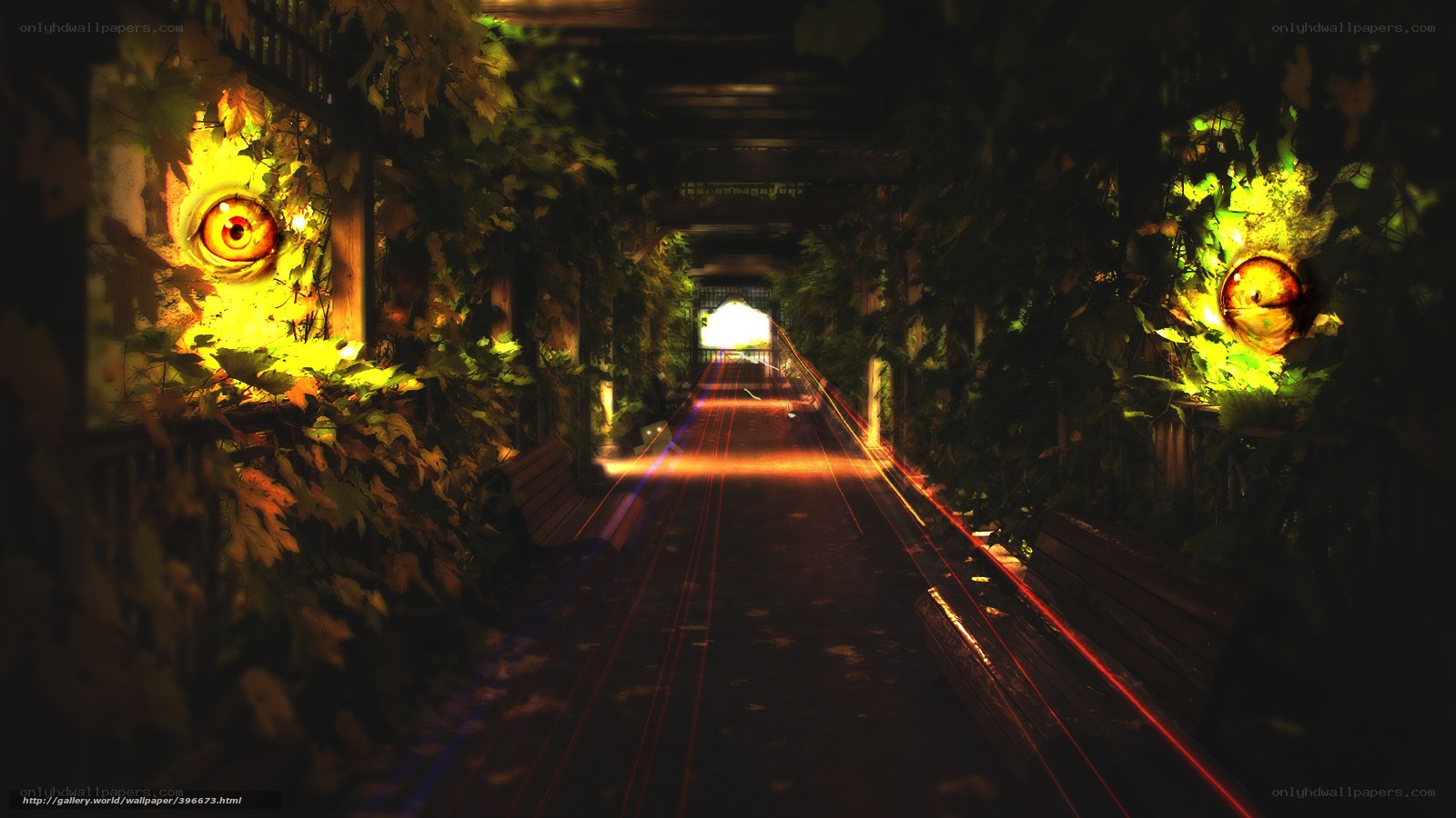 Glowing eyes in a vine-covered tunnel