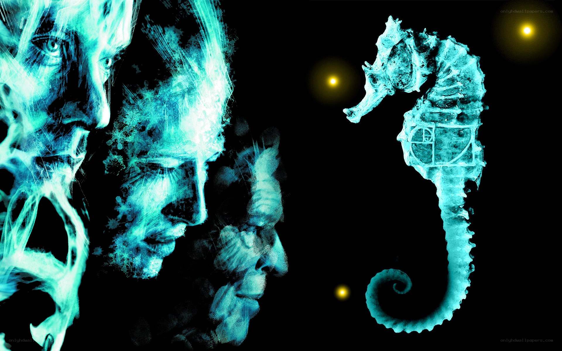 glowing faces and seahorse