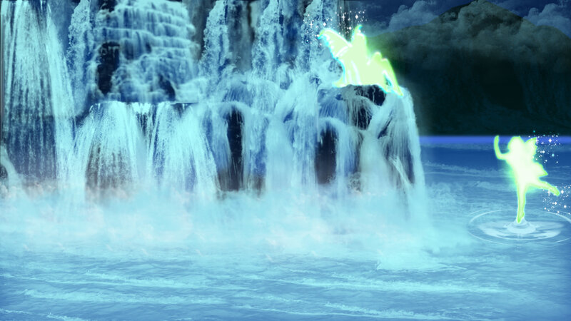 Glowing Fairies Near Waterfall