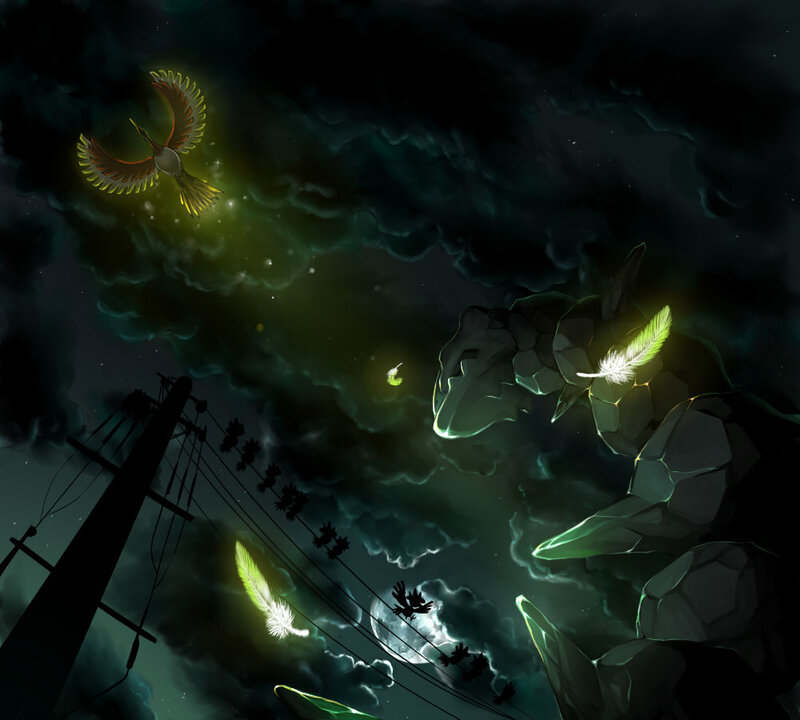 Glowing feathers in a dark sky