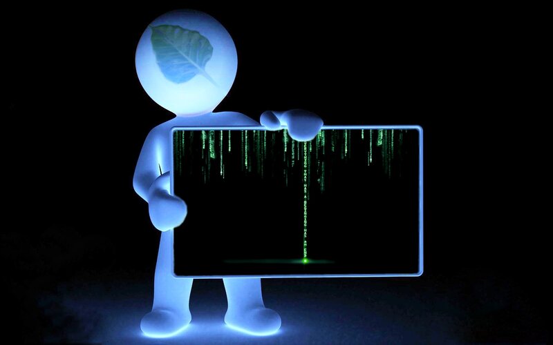Glowing Figure Holding Screen — Blue, Dark