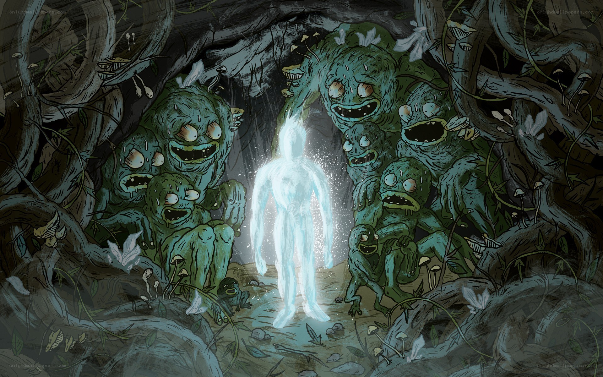 Glowing figure in a monster cave