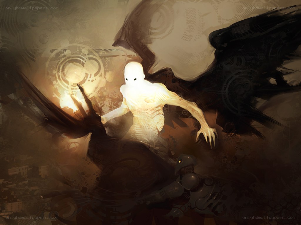 glowing figure in dark wings