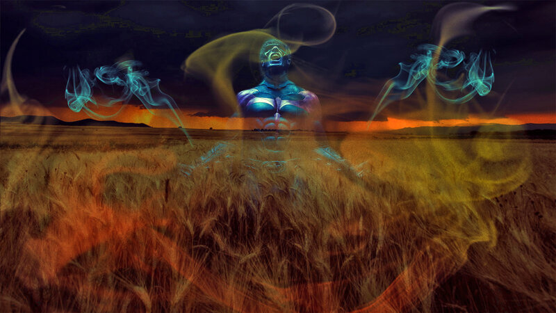 Glowing Figure in Field — Blue