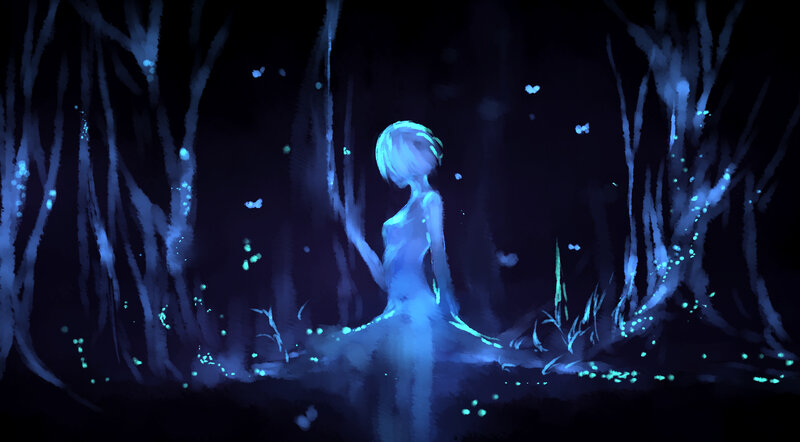 Glowing Figure in Forest — Blue, Serene