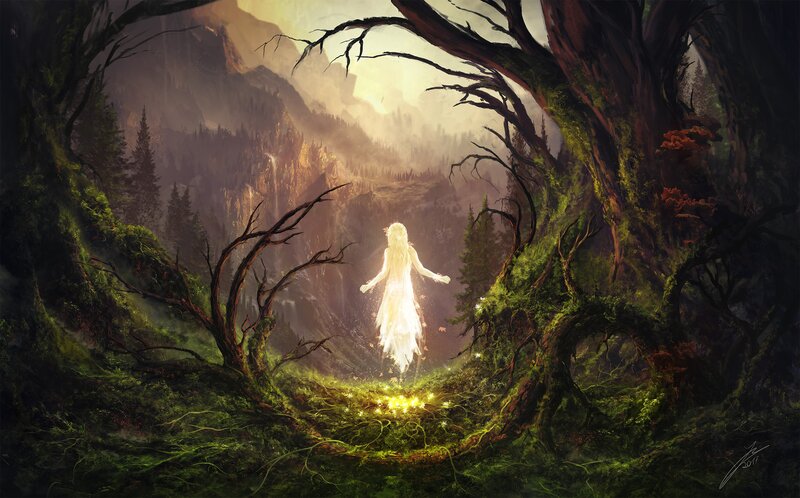 Glowing Figure in Forest — Green, Serene, Sunset
