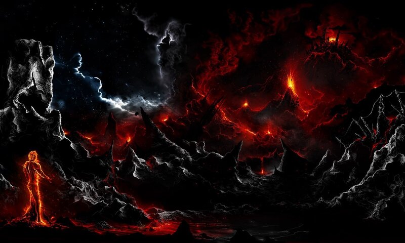 Glowing Figure in Lava Landscape