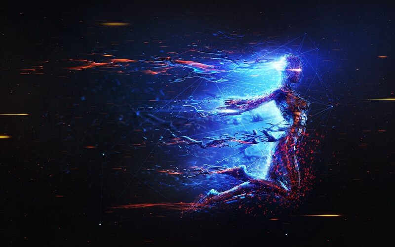 Glowing Figure in Motion — Blue, Dramatic