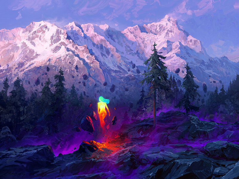Glowing Figure in Mountains
