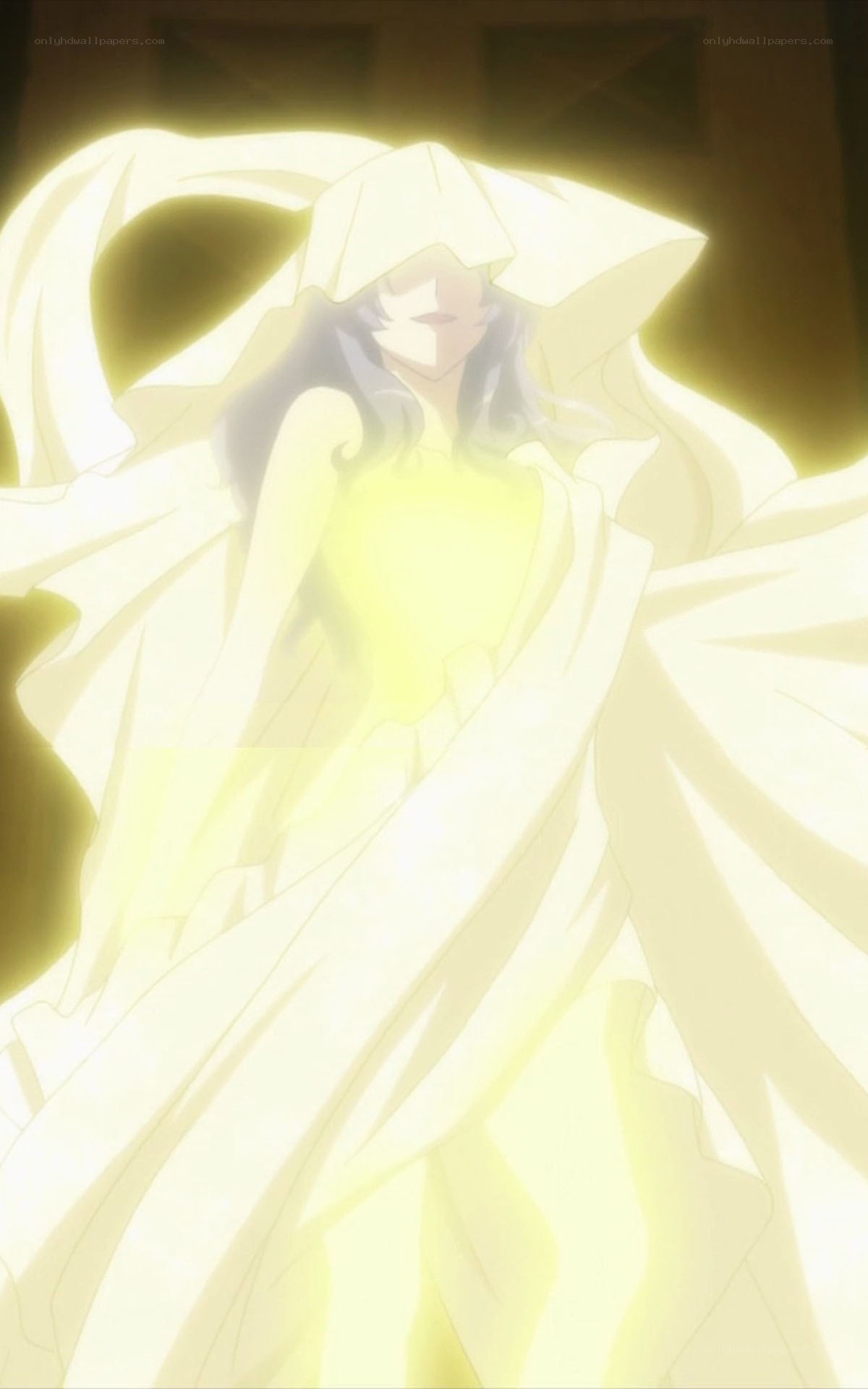 glowing figure in white robes