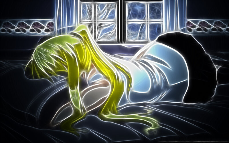 glowing figure on bed