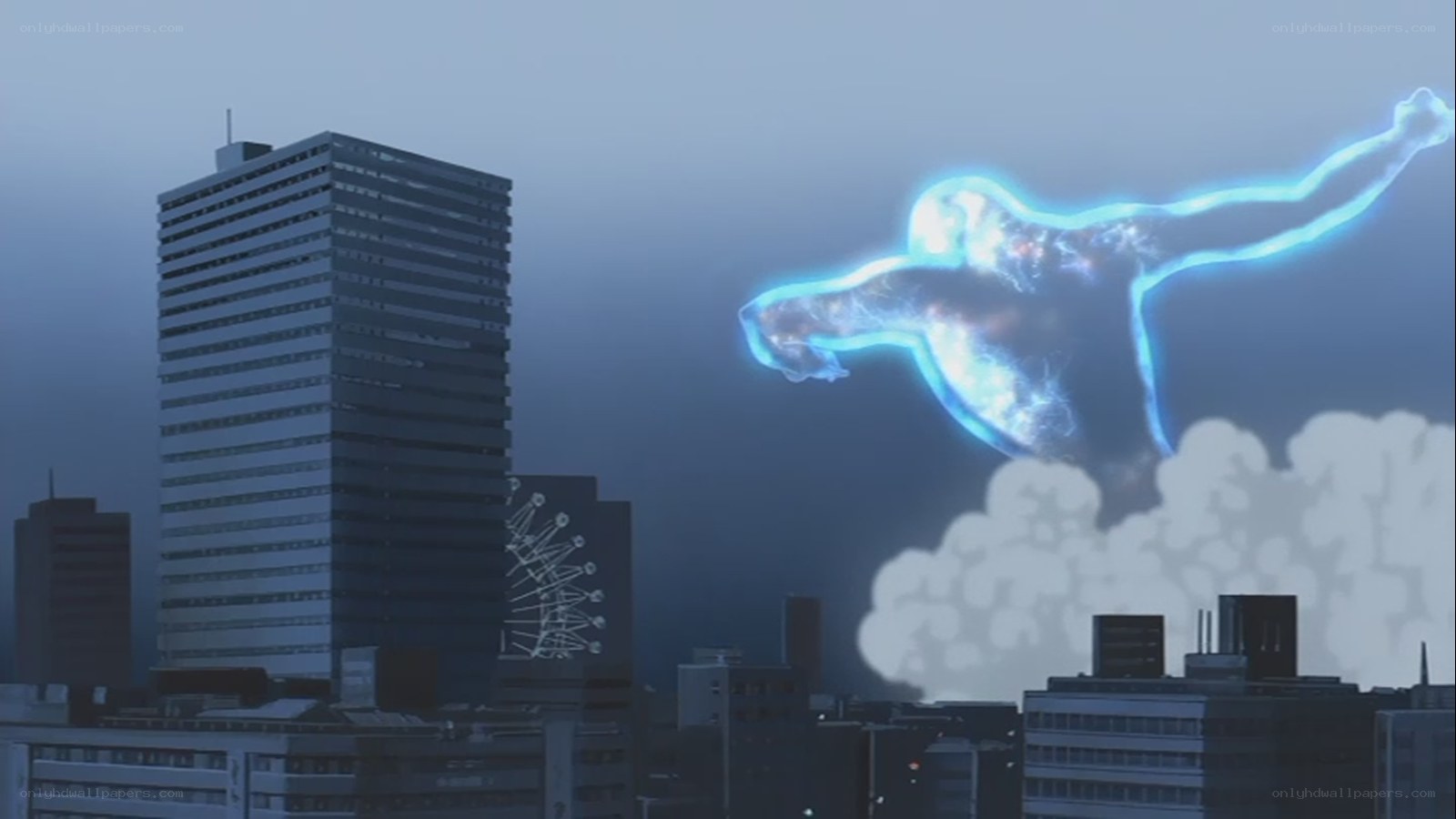 Glowing figure over city