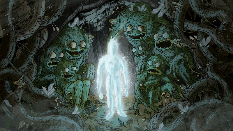 Glowing Figure Surrounded by Monsters