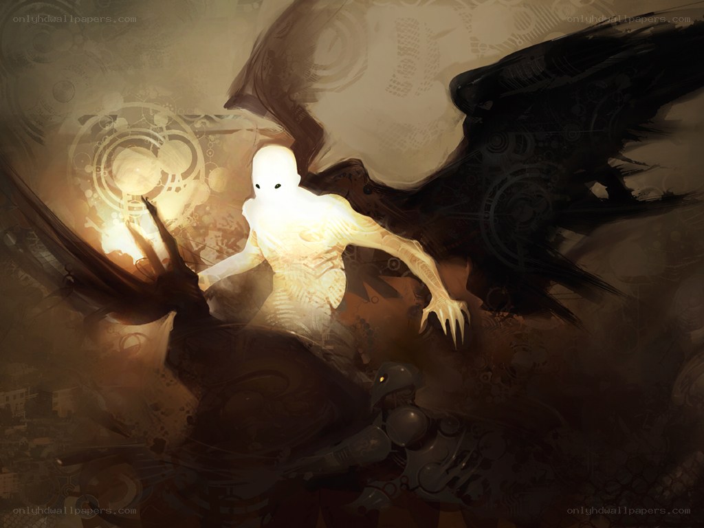 glowing figure with dark wings
