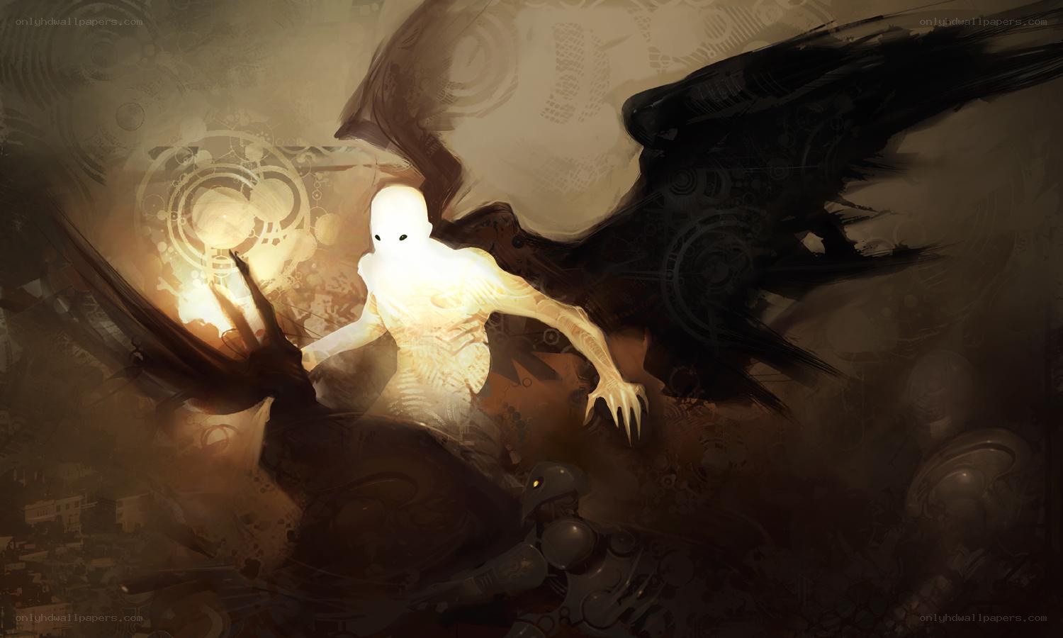 glowing figure with dark wings
