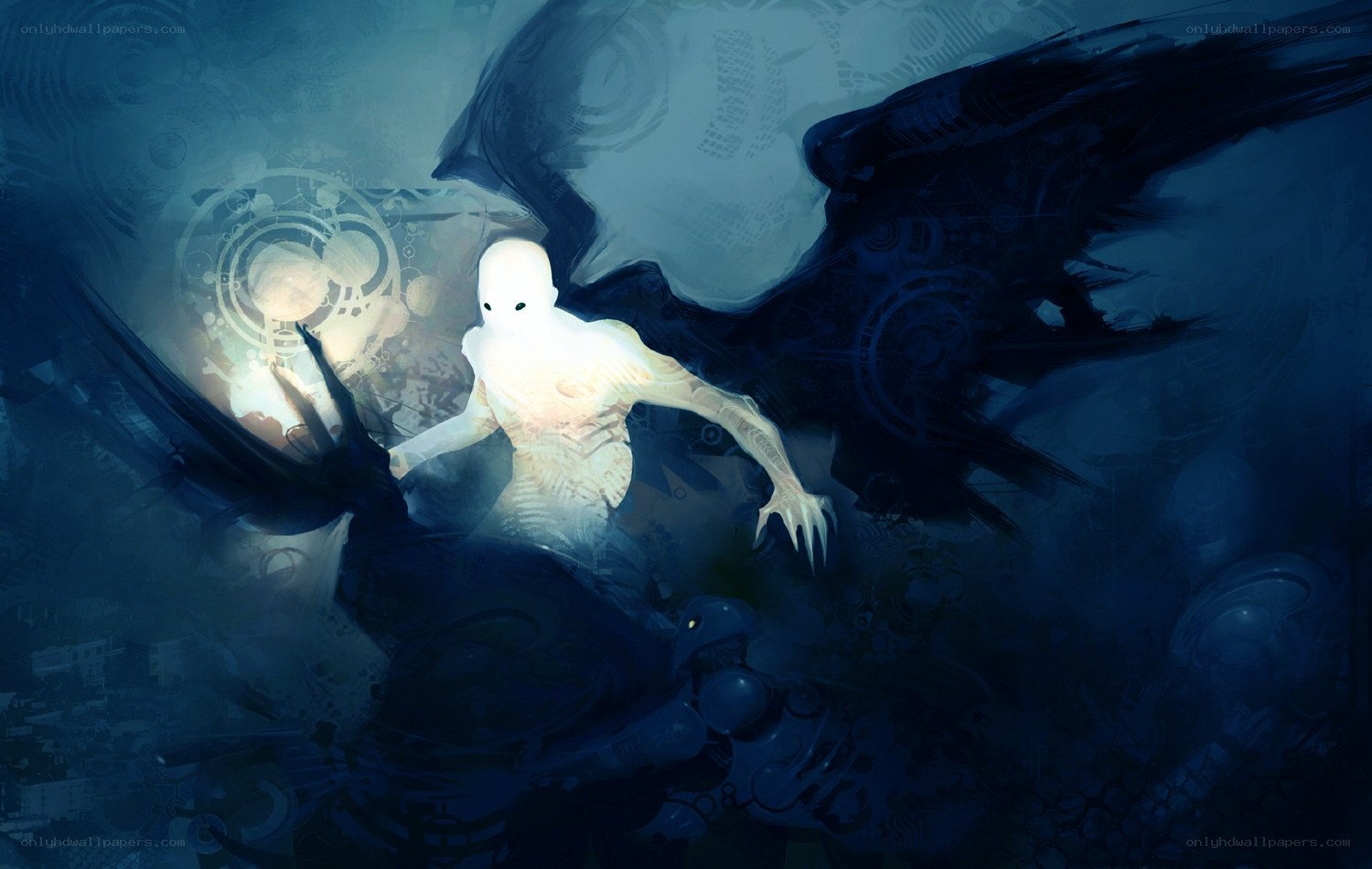 glowing figure with dark wings