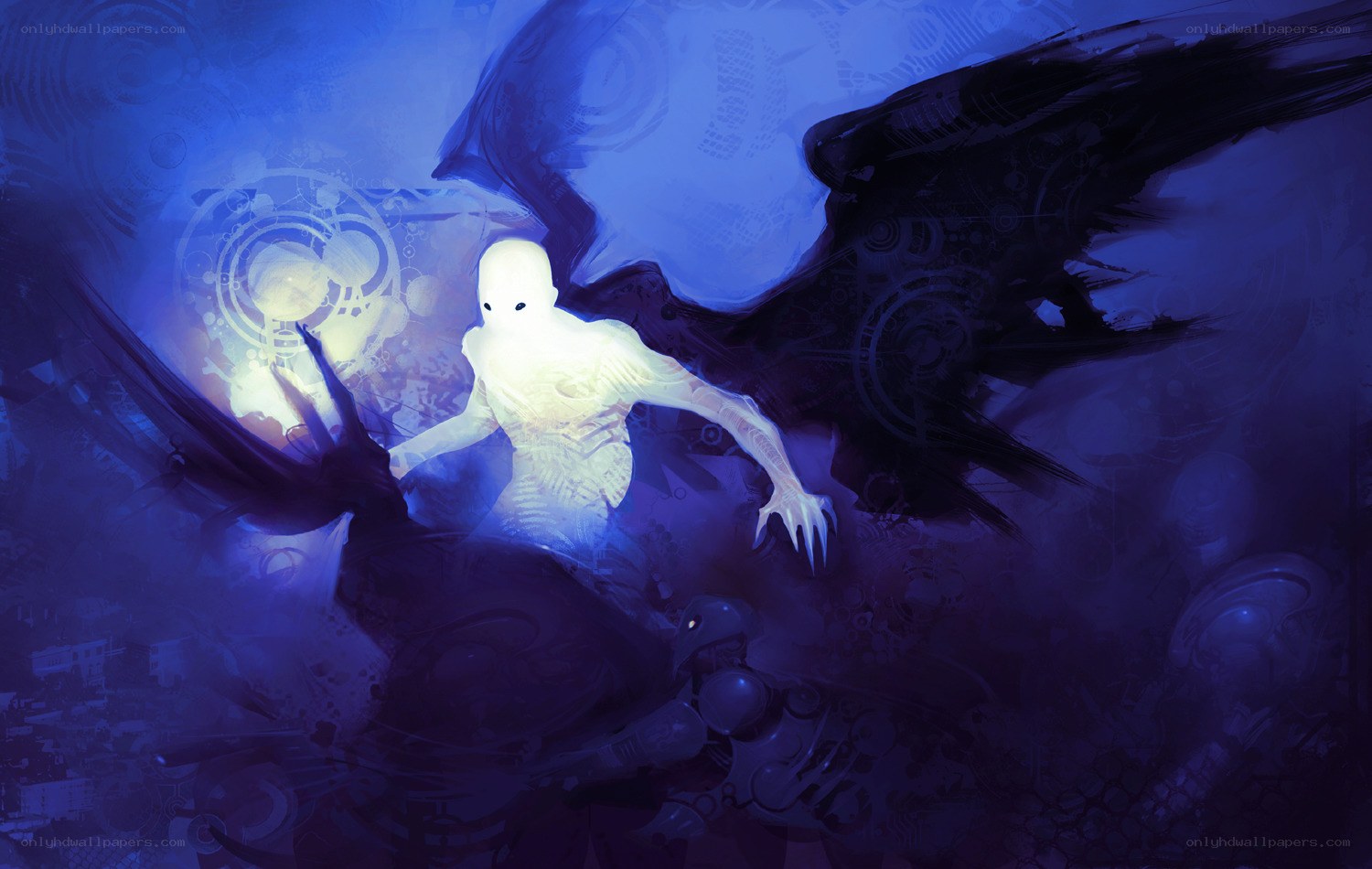 glowing figure with dark wings